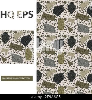 Terrazzo Seamless Pattern. Camouflage Green Flat Vector texture. Granite Tile Rock Abstract Textile Print. Home Kitchen Flooring Mosaic. Colorful Ital Stock Vector