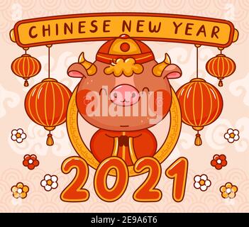 Chinese new year 2021 year of the ox. Vector kawaii cartoon line character illustration banner. New Year 2021, bull, ox concept Stock Vector