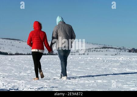 Man woman couple walking in the snowy countryside and holding hands, rear view