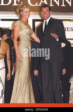 US actress Rebecca Romijn and her boyfriend Jerry O'Connell pose upon arriving at the Palais des Festivals to attend the premiere of US director Brett Ratner's film 'X-Men : The Last Stand' presented out of competition at the 59th edition of the International Cannes Film Festival in Cannes, France, on May 22, 2006. Photo by Hahn-Nebinger-Orban/ABACAPRESS.COM Stock Photo