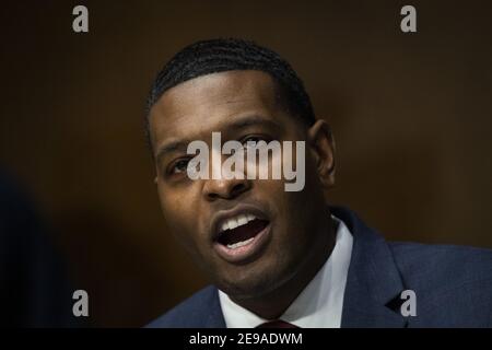 Washington, United States. 03rd Feb, 2021. Michael Stanley Regan speaks during his nomination hearing before the Senate Environment and Public Works Committee to be Administrator of the Environmental Protection Agency in Washington, DC on Wednesday, February 3, 2021. Pool photo by Caroline Brehman/UPI Credit: UPI/Alamy Live News Stock Photo