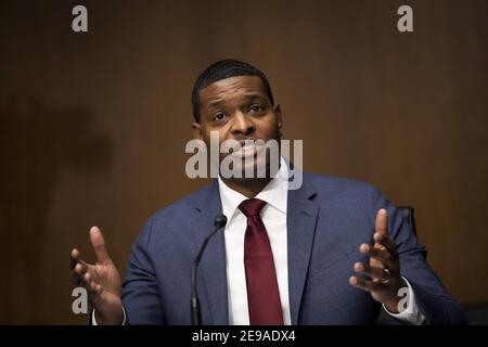 Washington, United States. 03rd Feb, 2021. Michael Stanley Regan speaks during his nomination hearing before the Senate Environment and Public Works Committee to be Administrator of the Environmental Protection Agency in Washington, DC on Wednesday, February 3, 2021. Pool photo by Caroline Brehman/UPI Credit: UPI/Alamy Live News Stock Photo