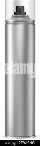 Aluminum Spray Can. Aerosol Bottle. Paint Tin with Cap. Deodorant or Hairspray 3d Cosmetic Cylinder Tube. Silver Antiperspirant Template. Compressed F Stock Vector