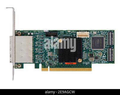 IT Hardware Server Computing internal graphics or data card with circuit board cutout on white background Stock Photo