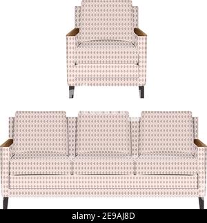 Sofa and Armchair set. Flat Cartoon Couch Design. Modern Furniture Interior Concept. Classic Apartment Collection. Home Chair Sofa. Decorative Object Stock Vector