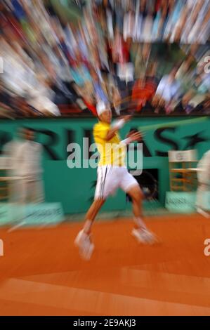 Spain's Rafael Nadal defeats 7-5, 6-4, 6-4, 6-4, France's Paul Henri Mathieu in their third round of the French Tennis Open at Roland-Garros arena, in Paris, France, on June 3, 2006. Photo by Nicolas Gouhier/Cameleon/ABACAPRESS.COM Stock Photo