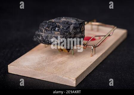 A black lump of brown coal placed in a mousetrap. A trap in the form of coal used to obtain energy. Dark background. Stock Photo