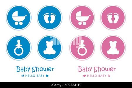 blue and pink set of baby icons feet footprint stroller bear and pacifier vector illustration EPS10 Stock Vector