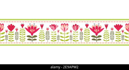 Floating Floral Foliage Folk Style vector seamless pattern border Stock Vector