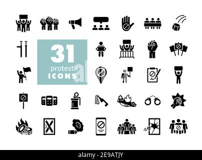 Protest, demonstration, strike, revolution set vector glyph icons. Graph symbol for your web site design, logo, app, UI Stock Vector