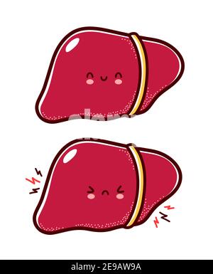 Cute healthy and sick sad funny human liver organ character. Vector flat line cartoon kawaii character illustration icon. Isolated on white background. Liver with face character mascot concept Stock Vector