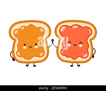 Cute funny bread toast with peanut butter and jam character. Vector flat line cartoon kawaii character illustration icon. Isolated on white background. Toast with face character mascot concept Stock Vector