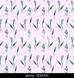 Seamless patterns. Floral pattern of blue buds, leaves and branches on a pink background. Watercolor. For holiday designs, decor, packaging, textiles Stock Photo