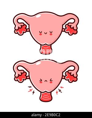 Cute healthy and sick sad funny human uterus organ character. Vector flat line cartoon kawaii character illustration icon. Isolated on white background. Uterus with face character mascot concept Stock Vector