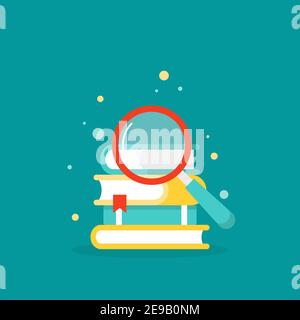 Stack of colorful books with magnifying glass. Isolated on powder blue background. Flat icon. Vector illustration. Knowledge logo. Education and infor Stock Vector