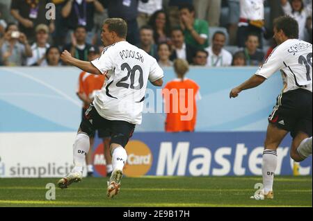 Lukas Podolski celebrates scoring his second goal during the World Cup 2006, Second round, Germany vs Sweden at the Allianz-Arena stadium in Munich, Germany on June 24, 2006. Germany won 2-0. Photo by Christian Liewig/ABACAPRESS.COM Stock Photo