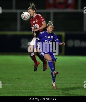 Bristol City's Yana Daniels (left) and Leicester City's Sophie Barker battle for the ball during the FA Women's Continental Tyres League Cup Semi Final match at Twerton Park, Bath. Picture date: Wednesday February 3, 2021. Stock Photo