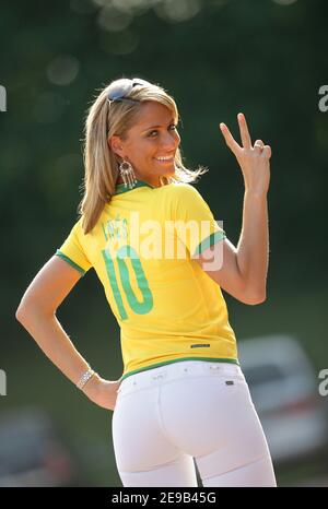 Mexican model Ines Sainz shows her support to the Brazilian national team during a training session at the Bergisch Gladbach stadium in Cologne, Germany on June 29, 2006. Brazil plays France in the FIFA World Cup 2006 quarter-final match in Frankfurt Main on July 1. Photo by Gouhier-Hahn-Orban/Cameleon/ABACAPRESS.COM Stock Photo