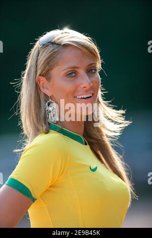 Mexican model Ines Sainz shows her support to the Brazilian national team during a training session at theBergisch Gladbach stadium in Cologne, Germany on June 29, 2006. Brazil plays France in the FIFA World Cup 2006 quarter-final match in Frankfurt Main on July 1. Photo by Gouhier-Hahn-Orban/Cameleon/ABACAPRESS.COM Stock Photo