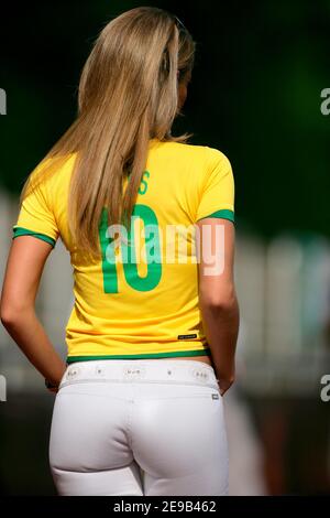 Mexican model Ines Sainz shows her support to the Brazilian national team during a training session at the Bergisch Gladbach stadium in Cologne, Germany on June 29, 2006. Brazil plays France in the FIFA World Cup 2006 quarter-final match in Frankfurt Main on July 1. Photo by Gouhier-Hahn-Orban/Cameleon/ABACAPRESS.COM Stock Photo