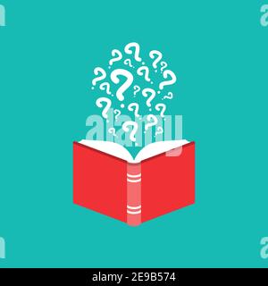 Open book with red book cover and white question marks flying out. Isolated on turquoise background. Flat vector reading icon. Unknown book pictogram. Stock Vector