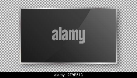 Tv Screen Display. Black Monitor Design. Digital Lcd Panel. Wall Led Equipment. Modern Plasma Vector Mockup. Flat Technology High Definition Device. E Stock Vector