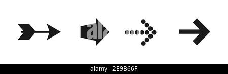 black right arrows set. Flat icon isolated on white. Continue icon. Next, enter, swipe, scroll button. East arrow. Geometric style Stock Vector