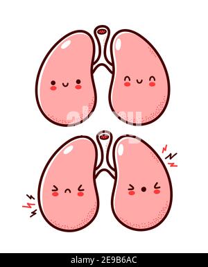 Cute healthy and sick sad funny human lungs organ character. Vector flat line cartoon kawaii character illustration icon. Isolated on white background. Lungs with face character mascot concept Stock Vector