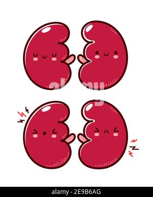 Cute healthy and sick sad funny human kidneys organ. Vector flat line cartoon kawaii character illustration icon. Isolated on white background. Kidneys with face character mascot concept Stock Vector