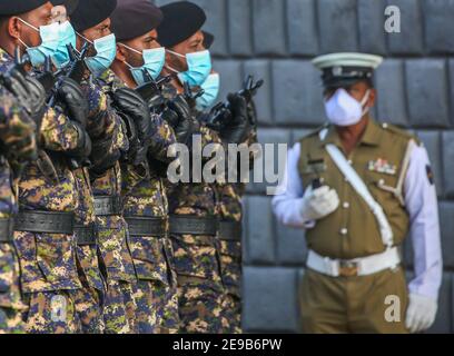 Colombo, Sri Lanka. 3rd Feb, 2021. Sri Lankan soldiers March during the 73rd Independence Day rehearsal Parade in Colombo on February 3, 2021. Sri Lanka's independence from British colonial rule is celebrated on Feb. 4 each year. Credit: Pradeep Dambarage/ZUMA Wire/Alamy Live News Stock Photo