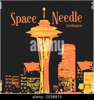 Modern Space Needle silhouette on Black background.vector illustration. Stock Vector