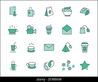 Set of Coffee and Tea Vector Line Icons. Contains such Icons as Cup of Tea, Teabags, Coffee beans and Green Tea Leaves, a pitcher of Water, Sugar Stock Vector