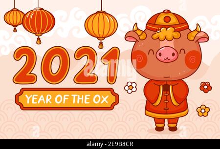 Chinese new year 2021 year of the ox. Vector kawaii cartoon line character illustration banner. New Year 2021, bull, ox concept Stock Vector