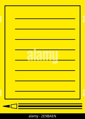 Illustration of the black pencil on yellow background and note paper Stock Vector