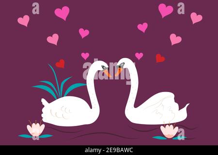 Couple of swans in love swim in the lake and small hearts fly around on purple background. Valentines Day holiday concept. Flat vector illustration Stock Vector