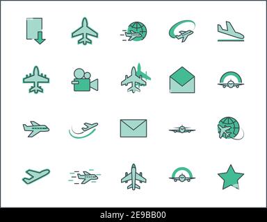 Set of Plane vector line icon. It contains symbols to aircraft, globe and more. Editable Stroke. 32x32 pixels. Stock Vector