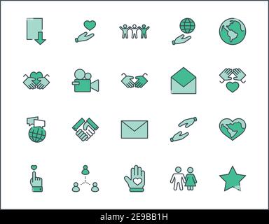 International Day of Human Solidarity Line Vector Icons Set. Contains such Icons as Handshake, Heart, planet Earth, helping Hand, People and more Stock Vector