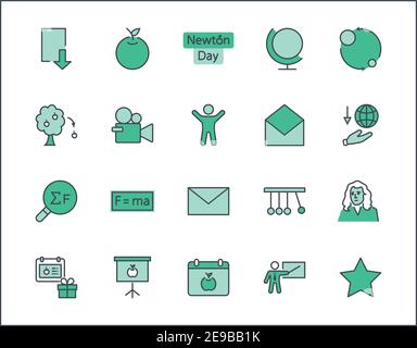 Newton's Day Set Line Vector Icon. Contains such Icons as Newton, Laws of physics and gravity, Flying Apple, Calendar, Teacher, blackboard and Stock Vector