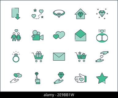International Jeweler Day Set Line Vector Icons. Contains such Icons as Love, Heart, Hand, Family, Wedding Rings, Diamond, Jewelry store, Gift, Basket Stock Vector
