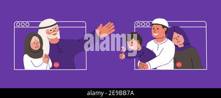 Happy arab family chatting by video call. Young muslim man calls his elderly parents by video conference. Communication at a distance of safety in qua Stock Vector