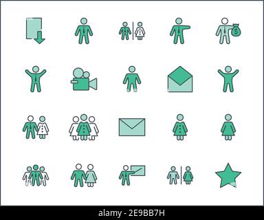 Set of People vector line icons. It contains the symbols of a man, a woman, a family, a toilet, a businessman, a teacher, and much more. Editable Stro Stock Vector