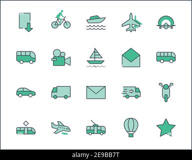 Set of Public Transport Related Vector Line Icons. Contains such Icons as Bus, Bike, Scooter, Car, balloon, Truck, Tram, Trolley, Sailboat, powerboat, Stock Vector