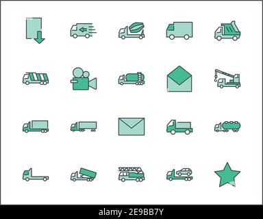 Truck Set of Transport Vector Line Icons. Contains such Icons as Truck, Transportation, Tow Truck, Cranes, Mixer, Garbage Truck, Manipulators, Deliver Stock Vector