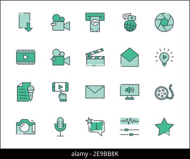 International Film Day Set Line Vector Icons. Contains such Icons as Clapperboard, Camera, Video, Play, Film, Lens, Microphone, Media settings and mor Stock Vector