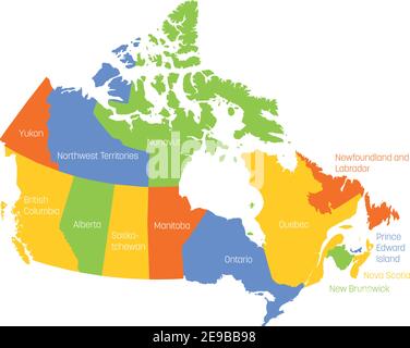 Map of Canada divided into 10 provinces and 3 territories. Administrative regions of Canada. Multicolored map with labels. Vector illustration. Stock Vector