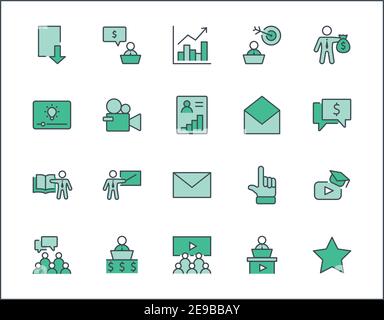 Set of Business Training Related Vector Line Icons. Contains such Icons as Teacher, Class, Presentation, Video, Book, Mentoring, Target and more. Edit Stock Vector