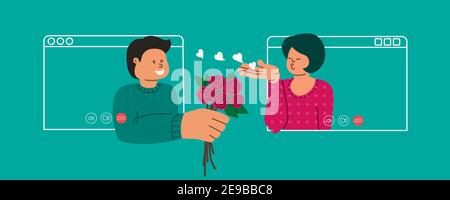 Man and woman make a video call. Flower delivery or Valentines Day concept. Lovers send a kiss and hearts. Distance relationship. A man gives a woman Stock Vector