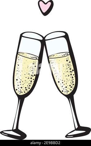Vector doodle hand drawn sketch illustration of two champagne glasses couple love drink cheers on white background. Valentines day card Stock Vector