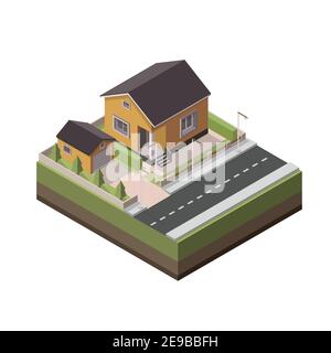 Isometric house. Vector isometric element representing suburban house. Vacation house. Country building. Stock Vector