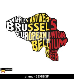 Typography map silhouette of Belgium in black and flag colors. Vector Illustration. Stock Vector
